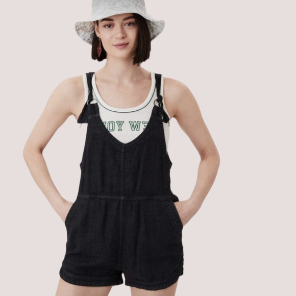 American Eagle Slouchy Linen Short Romper Overalls Charcoal Grey Size XXS - Picture 1 of 3